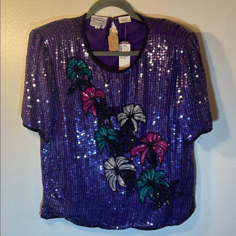 Stenay vinVintage 80s Dead stock Purple Sequin Top Pink Silver Teal Flowers Larg